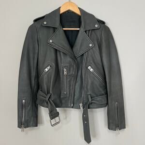 All Saints Balfern Belted Lamb Leather Moto Biker Jacket Gray Size UK 8 / US 4